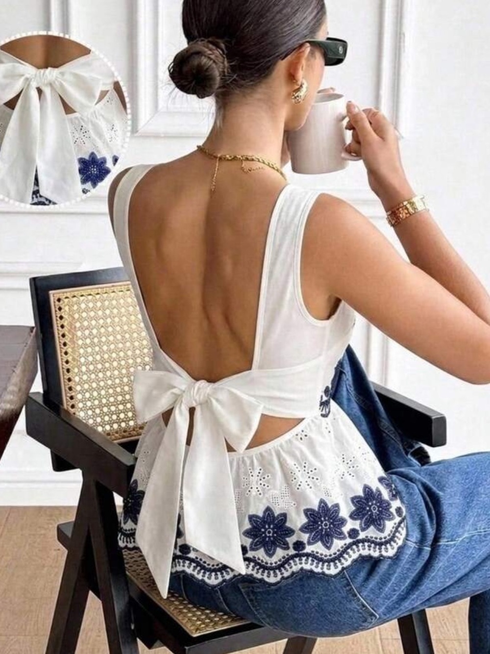 Embroidered Round Neck Elegant Open Back Tie Top Blouse Shirt White